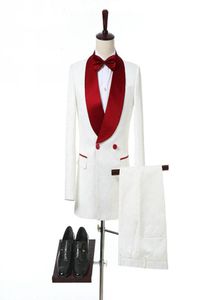 Ivory Men Costumes avec un collier rouge collier double poitrine 2 pièces combinaisons de mariage pour le marié côté ventilateur