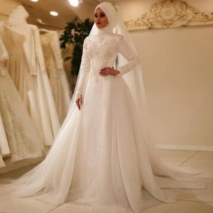 Marfil musulmán Hijab vestidos de novia vestido con sobrefalda perlas con cuentas apliques de encaje largo árabe Dubai vestidos de boda islámicos Custom270J