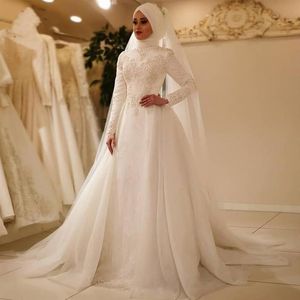 Marfil musulmán Hijab vestidos de novia vestido con falda de perlas apliques de encaje con cuentas largo árabe Dubai vestidos de boda islámicos Custom245Z