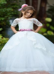 Enfants vêtements de cérémonie ivoire blanc dentelle fleur filles robes ceinture longueur de plancher filles première Communion robe robe de princesse