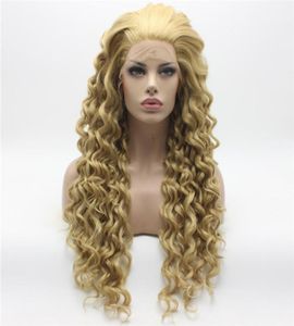 Iwona cheveux bouclés longue trois tons miel blond mélange perruque 186131627HY moitié main liée résistant à la chaleur synthétique avant de lacet perruque2868763