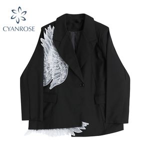 Chaqueta de mujer con ala blanca, diseño recortado y empalmado, chaqueta negra, abrigo para mujer, ropa de calle de primavera con un solo botón, prendas de vestir elegantes Harajuku 210417