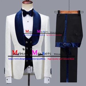 Vestes Formel Mariage Tuxedo Blanc Jacquard Costume Hommes Veet Revers 3 Pièces (veste + gilet + pantalon) Soirée Dîner Robe Blazer Ensembles