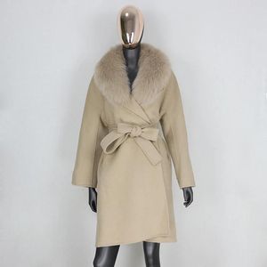Jackets Furbelieve 2020 Real Fur Coat Jacket Winter Women Flow Natural Fox Fur Collar Collor de cachemir Carril de lana Cinturón Outerwear streetwear