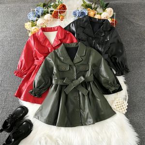 Chaquetas Vestidos de niña Niños Niñas PU Faja de cuero La cintura A-Line Solapa Abrigo de manga larga Niños Primavera Otoño Ropa casual para 2-7 años 230928