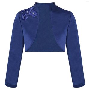 Vestes Filles Fleur Satin Boléro Veste Courte À Manches Longues Exquis Applique Cardigan Fête De Mariage Baptême Communion Robe Outwear