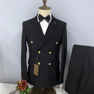 Chaquetas de hombre traje negro blanco doble botonadura botón dorado dos piezas abrigo pantalón Formal negocios Slim Fit boda Blazer Masculino 2023