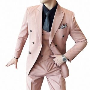 Vestes + gilet + pantalon hommes costumes roses à double boutonnage/homme Slim Fi luxueux smoking de marié/homme couleur unie Dr Blazers Q8Co #
