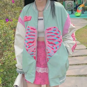 Vestes Vintage Harajuku coeur squelette imprimé mignon doux fille veste femme épissage étudiant Zip up manteau Y2K Streetwear Baseball uniforme