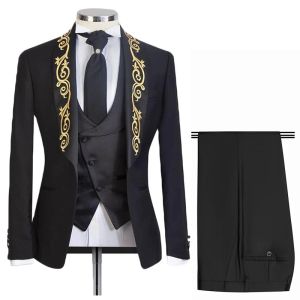 Vestes Tuxedos de mariage avec broderie en or hommes formels noirs costume de châle revers 3 pièces personnalisées mâle costume de veste pantalon veste