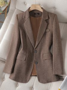 Vestes pour femmes à manches longues simples poitrine droite Blazer Femme Coffee's Grey Stripe Office Formal Business Veste Mabinement Women's