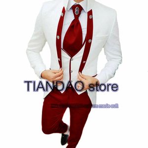 Jacquard Mens Suit 3 Pieds White Wedding Groom Tuxedo Châle Collier Pantalon Formal Veste Vente Male Blazer Vest Costume Homme 231221