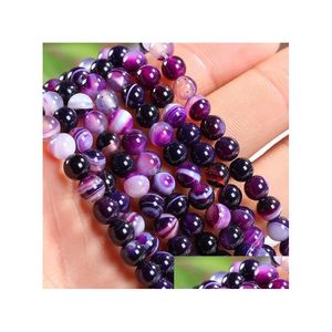 Jade 4Mm 6Mm 8Mm 10Mm 12Mm Natural Purple Striped Agate Stones Round Spacer Loose Beads For Necklace Bracelet Charms Jewelry Making Dhtcj