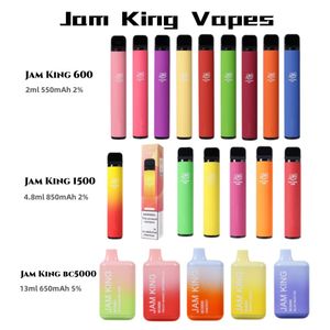 Jam King Vapes Saveur de cigarette jetable électronique originale 600 bouffées 2 ml 550 mAh 2 % 1500 bouffées 4,8 ml 850 mAh 20 mg Puff 5000 bc5000 13 ml 650 mAh 5 % vs Jamking Vape Pen