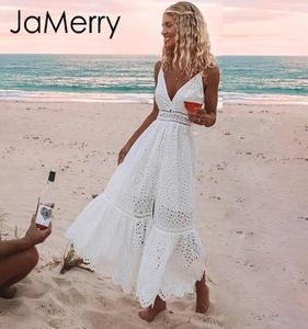 Jamerry Boho bordado blanco sexy encaje mujer verano maxi vestido correa de espagueti vestidos de algodón fiesta de vacaciones vestidos largos 2019 Y17621950