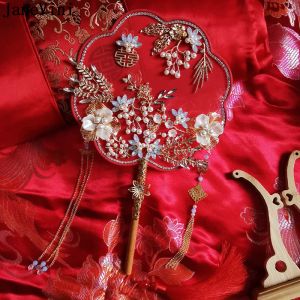 Janevini Ventilador de bodas rojo vintage para la novia Pearls hechas de cristal Flores de boda Antiguo Tassel Bridal Bouquet ventilador