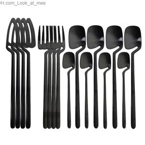 JANKNG 16 pièces ensemble de vaisselle noir décor de cuisine cuillère fourchette couteau vaisselle couverts en or mat crème glacée Desserts soupe utilisation du café Q230828