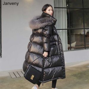 Janveny Long Down Jacket Mujer Invierno Negro Suelto Real Raccoon Fur Con Capucha Moda Impermeable Mujer Duck Puffer Coat 211013