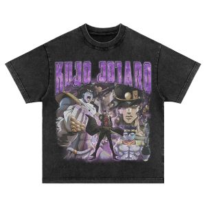 T-shirt à manches courtes pour hommes et femmes, surdimensionné, en tissu délavé, dessin animé japonais Bizarre Adventure, rétro, Y2K