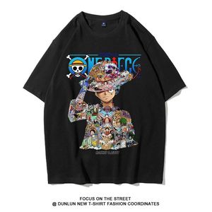 Camiseta de marca compartida de anime japonés, camiseta de manga corta de One Piece Luffy de algodón holgada y versátil para estudiantes, camiseta de media manga