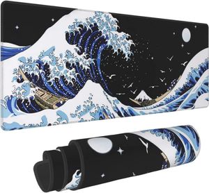 Tapis de souris japonais bleu et noir Sea Wave Tapis de bureau abstrait bleu 31,5 x 11,8 pouces Base en caoutchouc antidérapant Tapis de souris pour clavier Wave