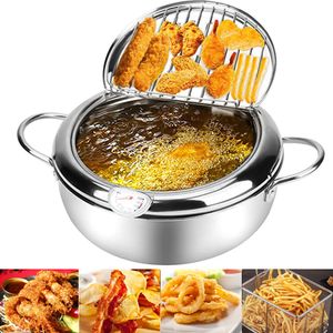 Japanese Deep Fryer With Thermometer and Lid 304 Stainless Steel Kitchen Tempura Fryer Pan Without Oil