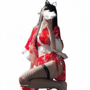 Japonais Kimo Sexy Cosplay Outfit Femmes Traditial Peignoir Yukata Costumes Pyjamas Ceinture De Soie Douce Lingerie Ensemble Noir Rouge Nouveau D6WA #