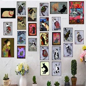 Japonais Samouraï Chat Affiche Tatouage Chat Métal Peinture Pet Signe En Métal Animal Tin Signe Vintage Plaques Pour Mur Art Rétro Décor À La Maison Personnalisé Peinture 30X20CM w01