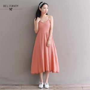 Robes d'été japonaises pour femmes, bretelles spaghetti, dentelle, coton, lin, Mori Girl, sexy, col en V, blanc, orange, 210520