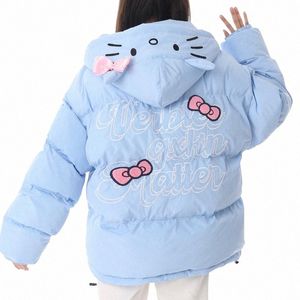 Japonés dulce lindo gato carta bordado parkas abrigo estudiantes adolescentes carto chaqueta con capucha espesar cott ropa de invierno caliente j9bk #