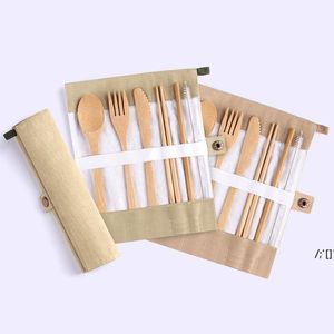 Juego de cubiertos de madera japonesa Cubiertos de bambú Juego de cubiertos de paja con bolsa de tela Utensilios de cocina al por mayor