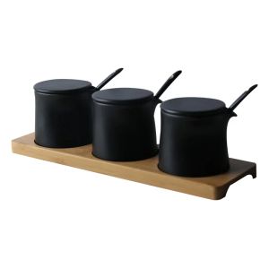 Tarros de cerámica, tarro de condimentos negro mate con tapa, tarro de almacenamiento, cocina, tarros de condimentos para el hogar con cuchara, juegos de utensilios de cocina, herramientas