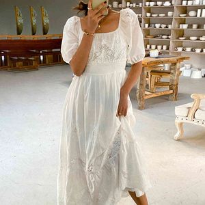 Jastie Floral bordado Midi vestido mujer Puff manga cuello cuadrado vestidos elegantes blanco Patchwork encaje Boho verano vestido 210419
