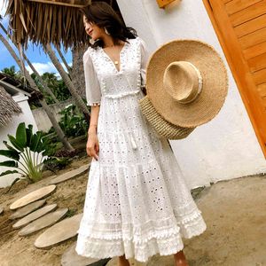 Jastie Summer Maxi Women Dress French Vintage Vestidos bordados Sweet Chic Casual Beach Dress Boho Long Female Vestidos 210419