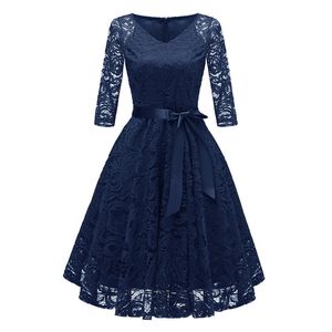 JAYCOSIN Vêtements pour femmes V-Neck Sleeve Dress Vintage Casual Solid Color Lace Cocktail Party A-Line Swing Ladies Dress T200320