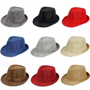 Chapeau de jazz panaméen haut-de-forme coton lin britannique chapeau de soleil pour hommes femmes été Trilby Fedora casquettes Panama Beach Street Cap Stingy Brim décoratif 39 couleur B7939