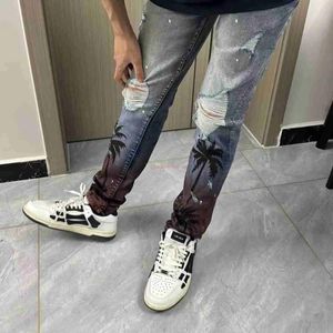 Jeans Designer Vêtements Amires Jeans Denim Pantalons Amies High Street Mode Hommes Splash Ink Graffiti Tear Hole Jeans Coconut Tree Paint G