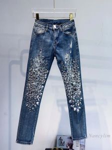 Jeans mode européen Fashion à la main à coudre en diamant pantalon en diamant femmes super brillant sexy stretch slim fit jean skinny jeans cloutés