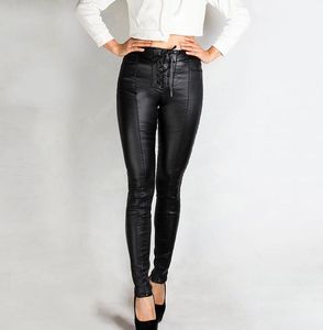 Jeans Taille haute pantalon crayon femmes jean en cuir noir velours chaud PU Stretch sexe pantalon maigre bandage moteur Biker pantalon à lacets