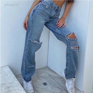 Jeans Met été mode européenne et américaine Sexy taille haute trou de hanche montrer mince Denim femmes pantalons chauds femme jeans L220725