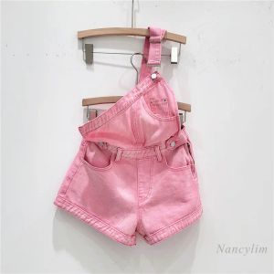 Jeans Pink OneShoulder Denim Shorts féminins 2023 Été Crossbody Wideeleg Une ligne plus jeune salopette Hot Pantal