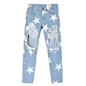 Jeans Venta al por mayor FS Hot Woman's Vintage Holes Ripped Jeans Denim Azul Blanco Pantalones Mujeres Lápiz Pantalones