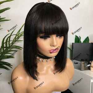 Jet Black Full Lace Wigs 100% Cheveux Humains Court Bob Silky Straight Transparent HD Lace Front Wig 360 Lace Frontal Remy Indian Hair Fringe Bangs Perruque pour Femme