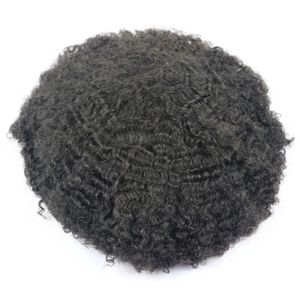 Jet Black Skin Afro Curly Toupee 10MM Homme Weave Hair Mens Kinky Curl Male Toupets 100% Cheveux Humains Perruques Full Machine Made