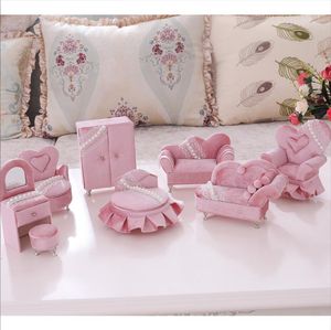 Boîte à bijoux, supports de rangement, design perle dentelle rose velours tissu art européen coréen meubles de haute qualité canapé Mini simulation