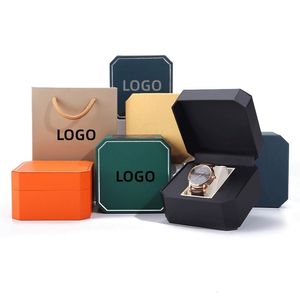 Cajas de joyería, 1 Uds., personalización gratuita, cajas de reloj de PU de alta calidad, caja octogonal, almacenamiento de cuero, embalaje de regalo, venta al por mayor, 230628