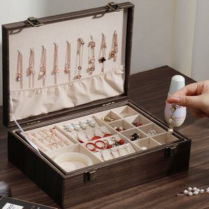 Cajas de joyería Caja de doble capa Grandes Pendientes portátiles Anillos Almacenamiento Grano de madera PU Caja de cuero Collar Exhibición Joyeros Joyero 221205