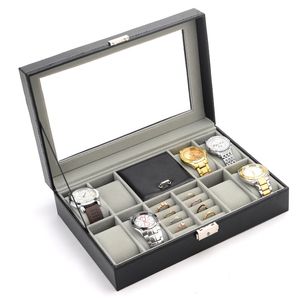 Boîtes à bijoux Mode cuir noir 8 grilles boîte de montre boîtier de bague organisateur de montre bijoux affichage Collection mallette de rangement avec couvercle en verre