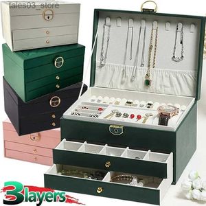 Cajas de joyería Caja de almacenamiento de joyería de tres capas de cuero de lujo con cerradura de cajón Paleta de exhibición de terciopelo Pendientes de mujer Collares Gabinete de exhibición Q231109