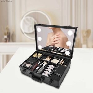 Cajas de joyería Caja de tren de maquillaje con espejo de luz LED Caja de almacenamiento de joyería Organizador de cosméticos Kit de almacenamiento L240323